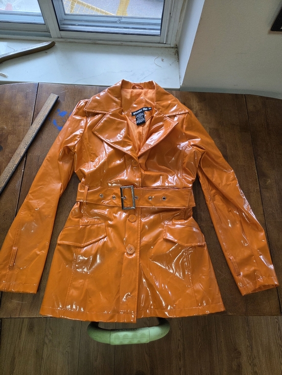 wonder girl Jackets & Blazers - Vintage Wonder Girl Medium Orange Vinyl Rain Coat - Belted